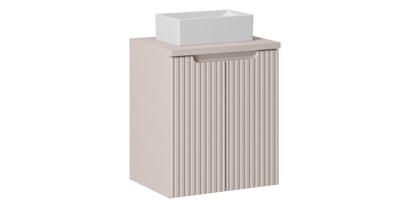 Ensemble VANO cachemire mat 50cm : meuble sous vasque à placards + plan pour vasque + vasque à poser rectangulaire blanche