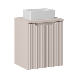 Ensemble VANO cachemire mat 50cm : meuble sous vasque à placards + plan pour vasque + vasque à poser rectangulaire blanche