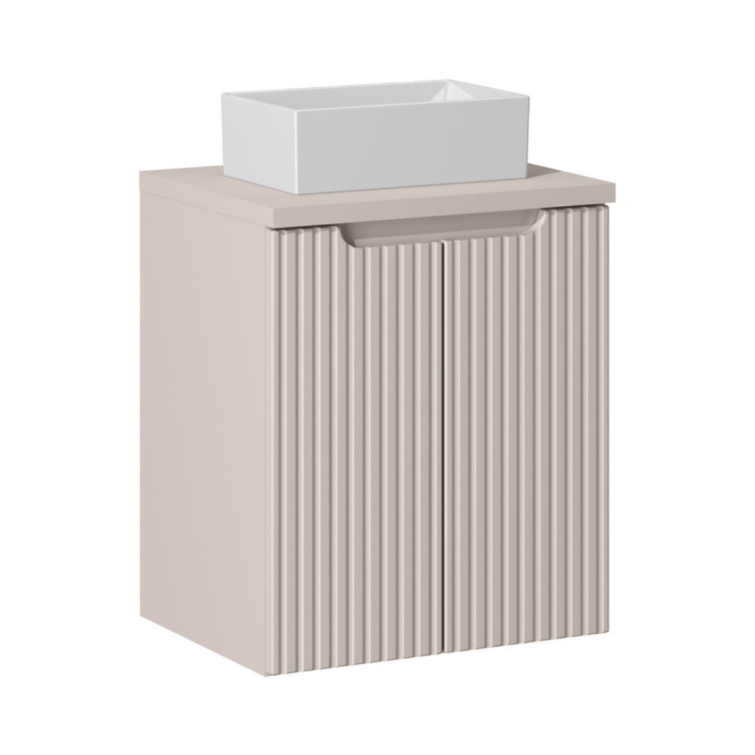 Ensemble VANO cachemire mat 50cm : meuble sous vasque à placards + plan pour vasque + vasque à poser rectangulaire blanche