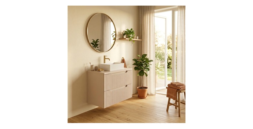 Ensemble de salle de bain VANO cachemire mat 50cm : meuble sous vasque à tiroirs rainuré verticalement + plan pour vasque