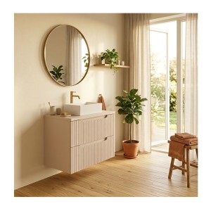 Ensemble de salle de bain VANO cachemire mat 50cm : meuble sous vasque à tiroirs rainuré verticalement + plan pour vasque