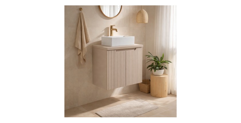 Ensemble VANO cachemire 50cm : meuble sous vasque à placards et plan pour vasque mis en situation