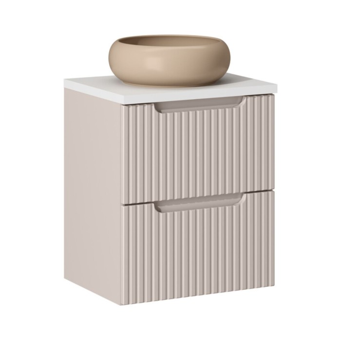 Set VANO kasjmier en wit 50cm: onderkast met lades + blad voor wastafel + cappuccino ronde opbouwwastafel
