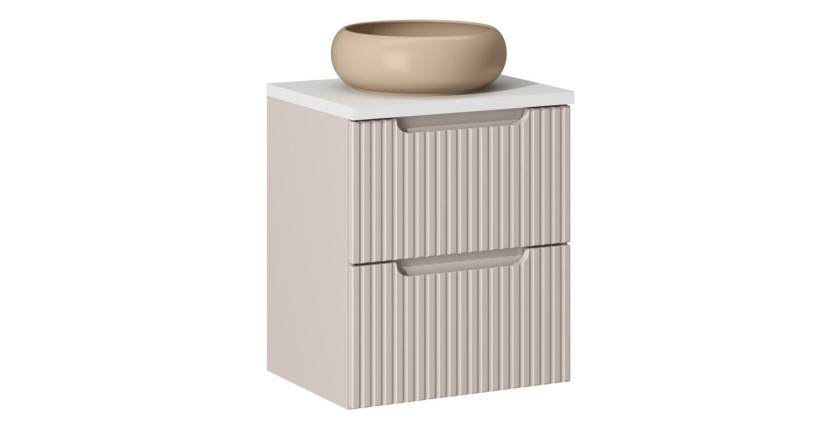 Ensemble VANO cachemire et blanc 50cm : meuble sous vasque à tiroirs + plan pour vasque + vasque ronde cappuccino à poser