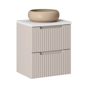 Ensemble VANO cachemire et blanc 50cm : meuble sous vasque à tiroirs + plan pour vasque + vasque ronde cappuccino à poser