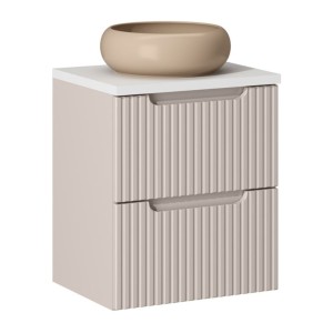 Ensemble VANO cachemire et blanc 50cm : meuble sous vasque à tiroirs + plan pour vasque + vasque ronde cappuccino à poser