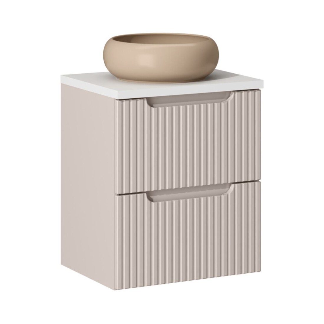 Ensemble VANO cachemire et blanc 50cm : meuble sous vasque à tiroirs + plan pour vasque + vasque ronde cappuccino à poser