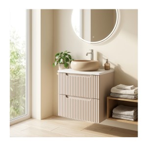 Ensemble VANO cachemire et blanc 50cm : meuble sous vasque à tiroirs + plan pour vasque + vasque ronde cappuccino à poser