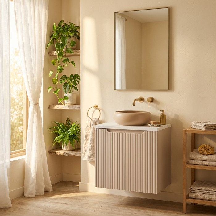 Insieme VANO cachemire e bianco 50cm: mobile sottolavabo con armadietti + piano per lavabo + lavabo rotondo cappuccino da appogg