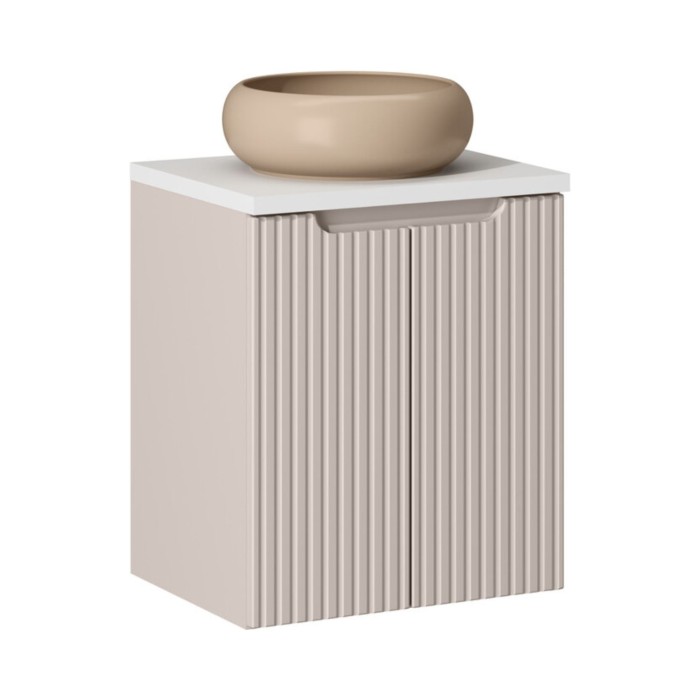 Insieme VANO cachemire e bianco 50cm: mobile sottolavabo con armadietti + piano per lavabo + lavabo rotondo cappuccino da appogg