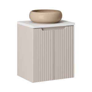 Ensemble VANO cachemire et blanc 50cm : meuble sous vasque à placards + plan pour vasque + vasque ronde cappuccino à poser