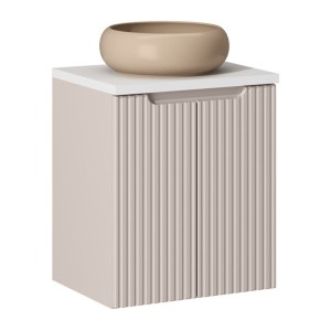 Ensemble VANO cachemire et blanc 50cm : meuble sous vasque à placards + plan pour vasque + vasque ronde cappuccino à poser