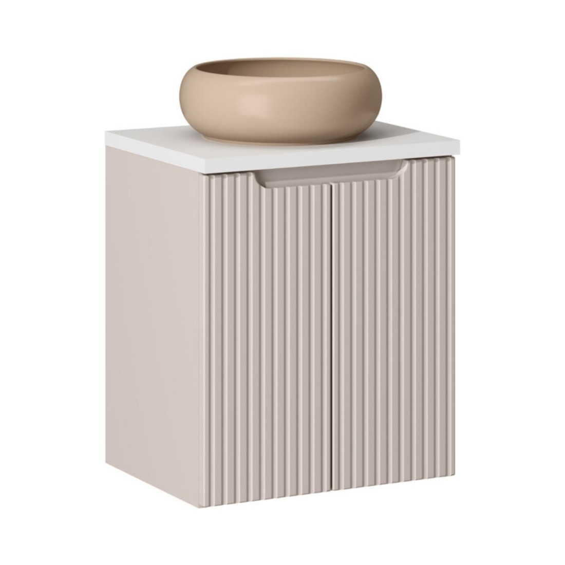 Ensemble VANO cachemire et blanc 50cm : meuble sous vasque à placards + plan pour vasque + vasque ronde cappuccino à poser