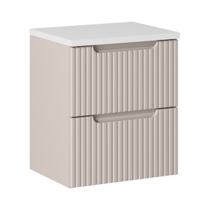 Ensemble VANO cachemire et blanc 50cm : meuble sous vasque à tiroirs rainuré verticalement + plan pour vasque blanc mat