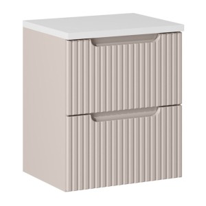 Ensemble VANO cachemire et blanc 50cm : meuble sous vasque à tiroirs rainuré verticalement + plan pour vasque blanc mat