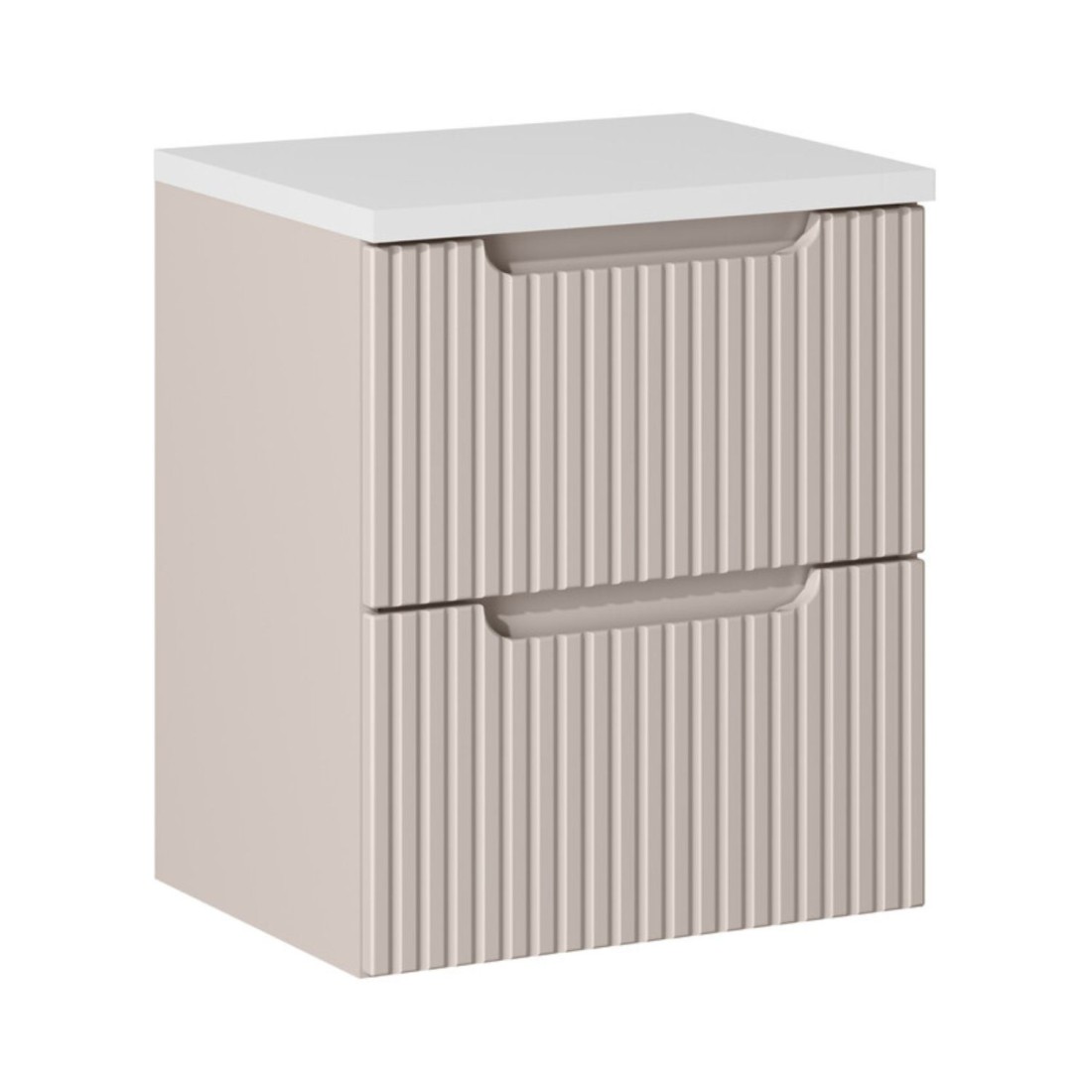 Ensemble VANO cachemire et blanc 50cm : meuble sous vasque à tiroirs rainuré verticalement + plan pour vasque blanc mat