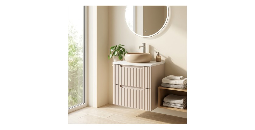 Ensemble VANO cachemire et blanc 50cm : meuble sous vasque à tiroirs rainuré verticalement + plan pour vasque blanc mat