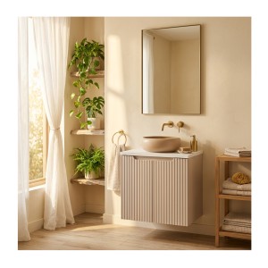 Ensemble VANO cachemire et blanc 50cm : meuble sous vasque à placards rainuré verticalement + plan pour vasque blanc mat