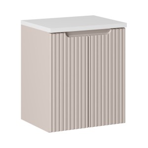 Ensemble VANO cachemire et blanc 50cm : meuble sous vasque à placards rainuré verticalement + plan pour vasque blanc mat