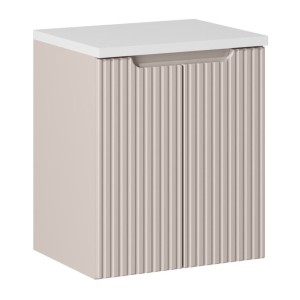 Ensemble VANO cachemire et blanc 50cm : meuble sous vasque à placards rainuré verticalement + plan pour vasque blanc mat