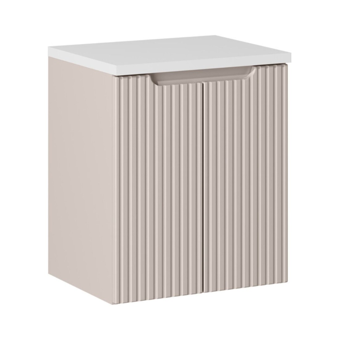 Ensemble VANO cachemire et blanc 50cm : meuble sous vasque à placards rainuré verticalement + plan pour vasque blanc mat