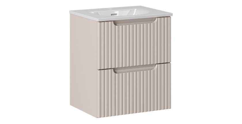 Ensemble VANO cachemire et blanc 50cm : meuble sous vasque à tiroirs rainuré verticalement + vasque encastrée blanche