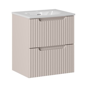 Ensemble VANO cachemire et blanc 50cm : meuble sous vasque à tiroirs rainuré verticalement + vasque encastrée blanche