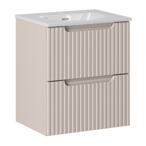 Ensemble VANO cachemire et blanc 50cm : meuble sous vasque à tiroirs rainuré verticalement + vasque encastrée blanche