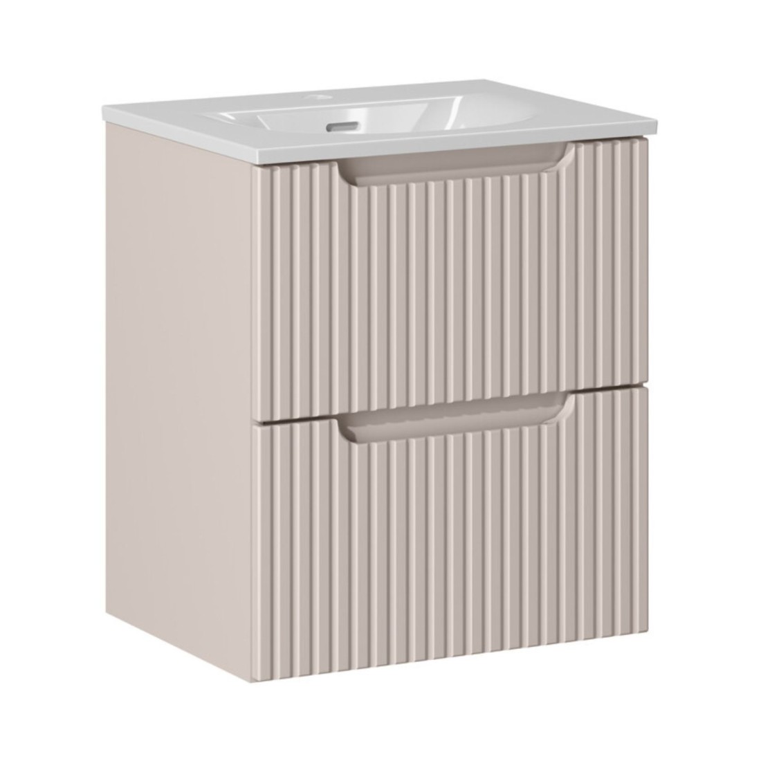 Ensemble VANO cachemire et blanc 50cm : meuble sous vasque à tiroirs rainuré verticalement + vasque encastrée blanche