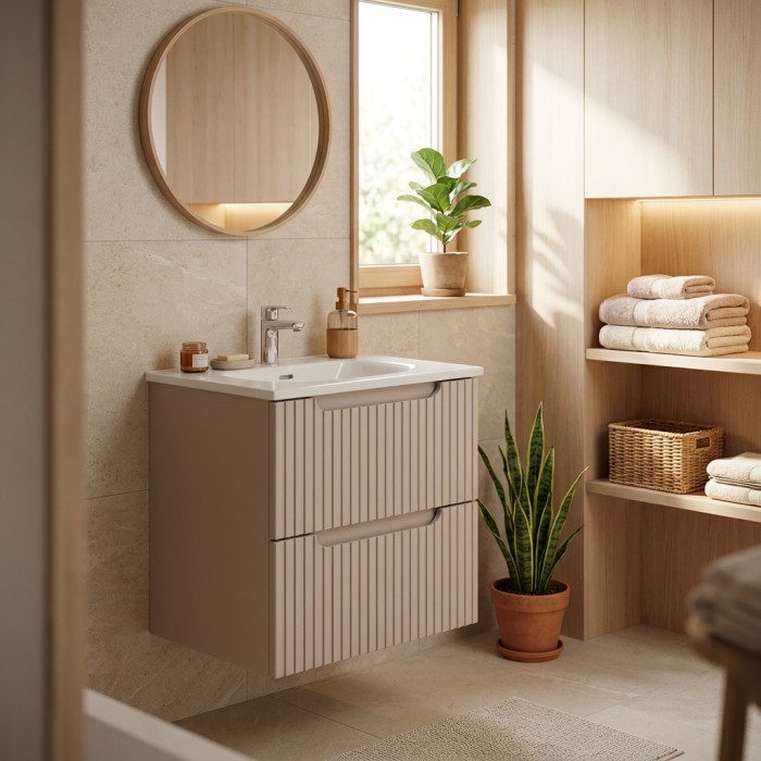 Conjunto VANO cachemira y blanco 50cm: mueble bajo lavabo con cajones ranurados verticalmente + lavabo empotrado blanco