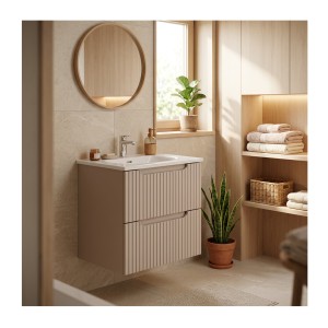 Ensemble VANO cachemire et blanc 50cm : meuble sous vasque à tiroirs rainuré verticalement + vasque encastrée blanche