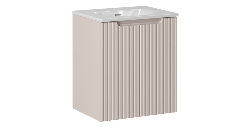 Ensemble VANO cachemire et blanc 50cm : meuble sous vasque à placards rainuré verticalement + vasque encastrée blanche