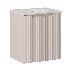 Ensemble VANO cachemire et blanc 50cm : meuble sous vasque à placards rainuré verticalement + vasque encastrée blanche