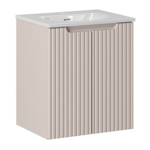 Ensemble VANO cachemire et blanc 50cm : meuble sous vasque à placards rainuré verticalement + vasque encastrée blanche