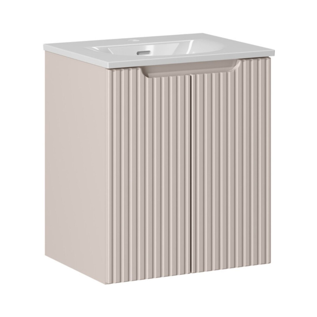 Ensemble VANO cachemire et blanc 50cm : meuble sous vasque à placards rainuré verticalement + vasque encastrée blanche