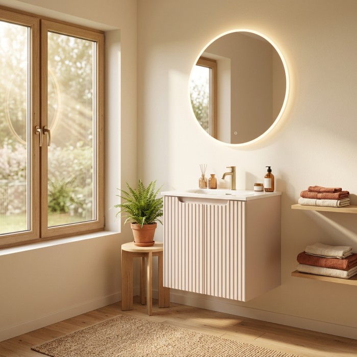 Insieme VANO cachemire e bianco 50cm: mobile sottolavabo con ante a scanalature verticali + lavabo incassato bianco