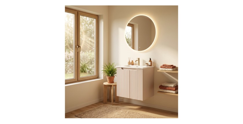 Ensemble VANO cachemire et blanc 50cm : meuble sous vasque à placards rainuré verticalement + vasque encastrée blanche