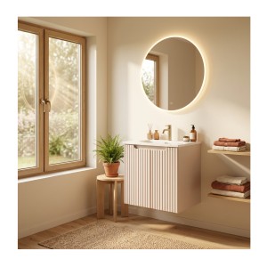 Ensemble VANO cachemire et blanc 50cm : meuble sous vasque à placards rainuré verticalement + vasque encastrée blanche