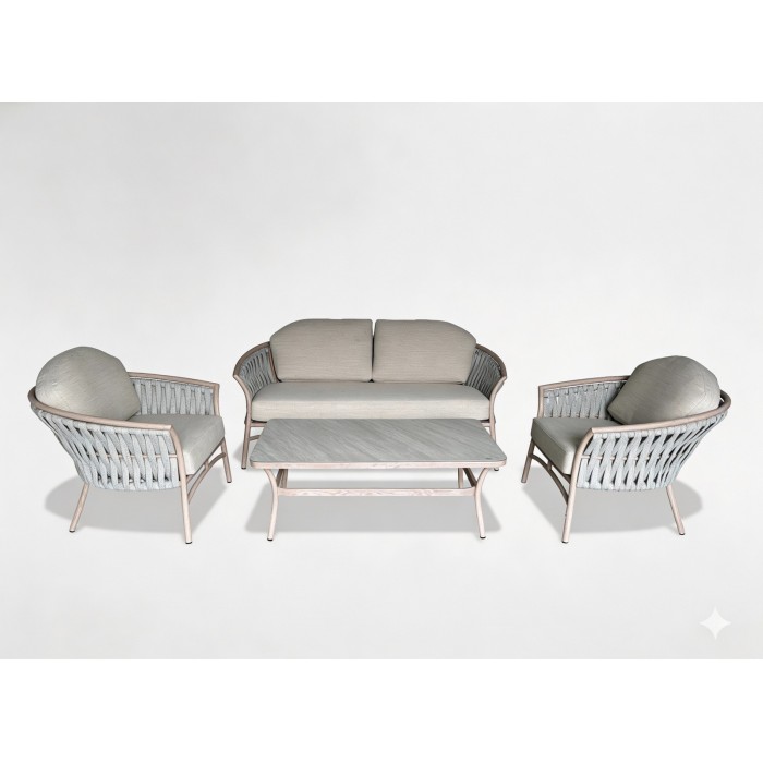 Salon de jardin 4 places aluminium beige avec corde et table basse – ROTINIA 