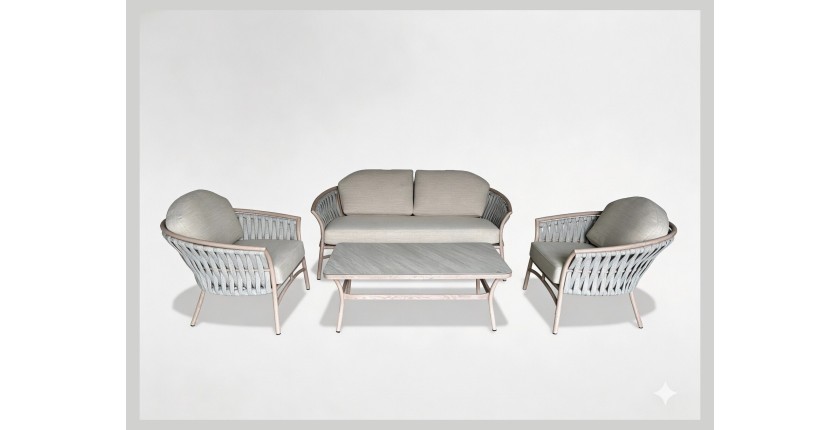 Salon de jardin 4 places aluminium beige avec corde et table basse – ROTINIA 