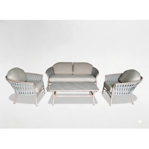 Salon de jardin 4 places aluminium beige avec corde et table basse – ROTINIA 