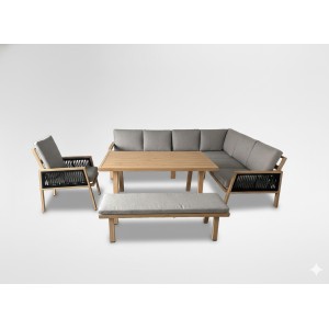 Salon de jardin d’angle 8 places aluminium marron avec banc et table basse – ALUMA 