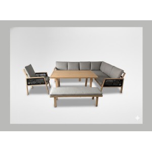 Salon de jardin d’angle 8 places aluminium marron avec banc et table basse – ALUMA 