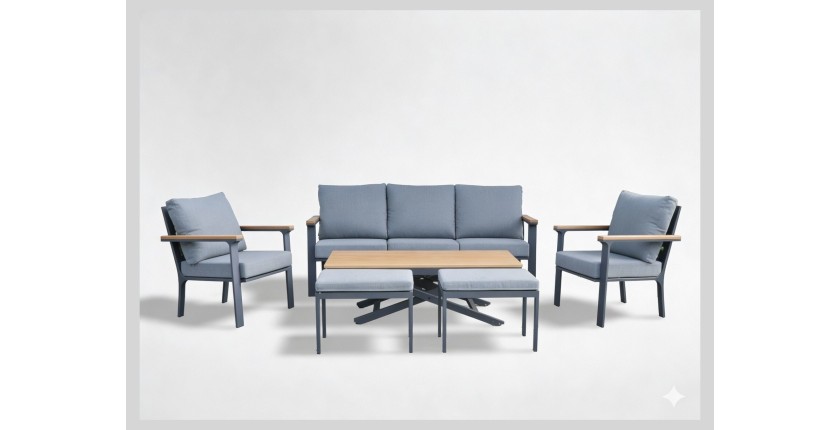 Salon de jardin 7 places aluminium teck avec table relevable – ALUMINA 