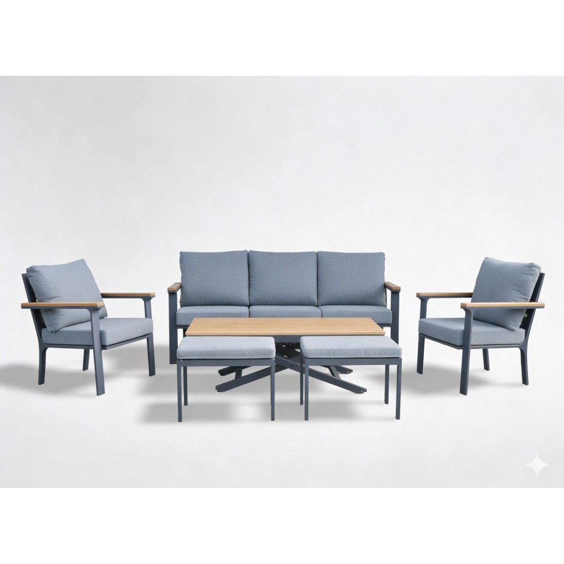 Salon de jardin 7 places aluminium teck avec table relevable – ALUMINA 