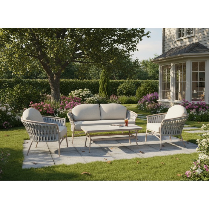 Salón de jardín 4 plazas aluminio beige con cuerda y mesa baja – ROTINIA