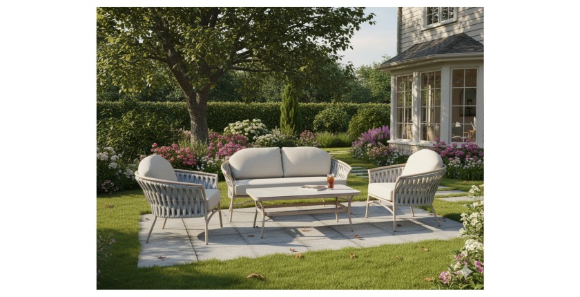 Salon de jardin 4 places aluminium beige avec corde et table basse – ROTINIA