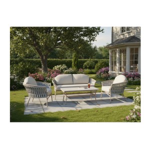 Salon de jardin 4 places aluminium beige avec corde et table basse – ROTINIA