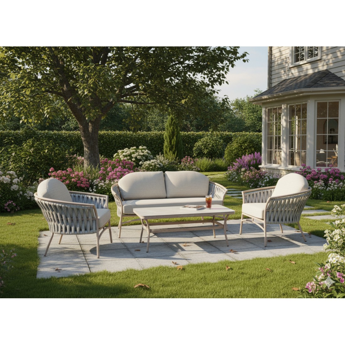 Salon de jardin 4 places aluminium beige avec corde et table basse – ROTINIA