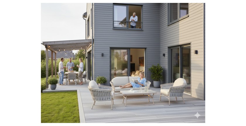 Salon de jardin 4 places aluminium beige avec corde et table basse – ROTINIA